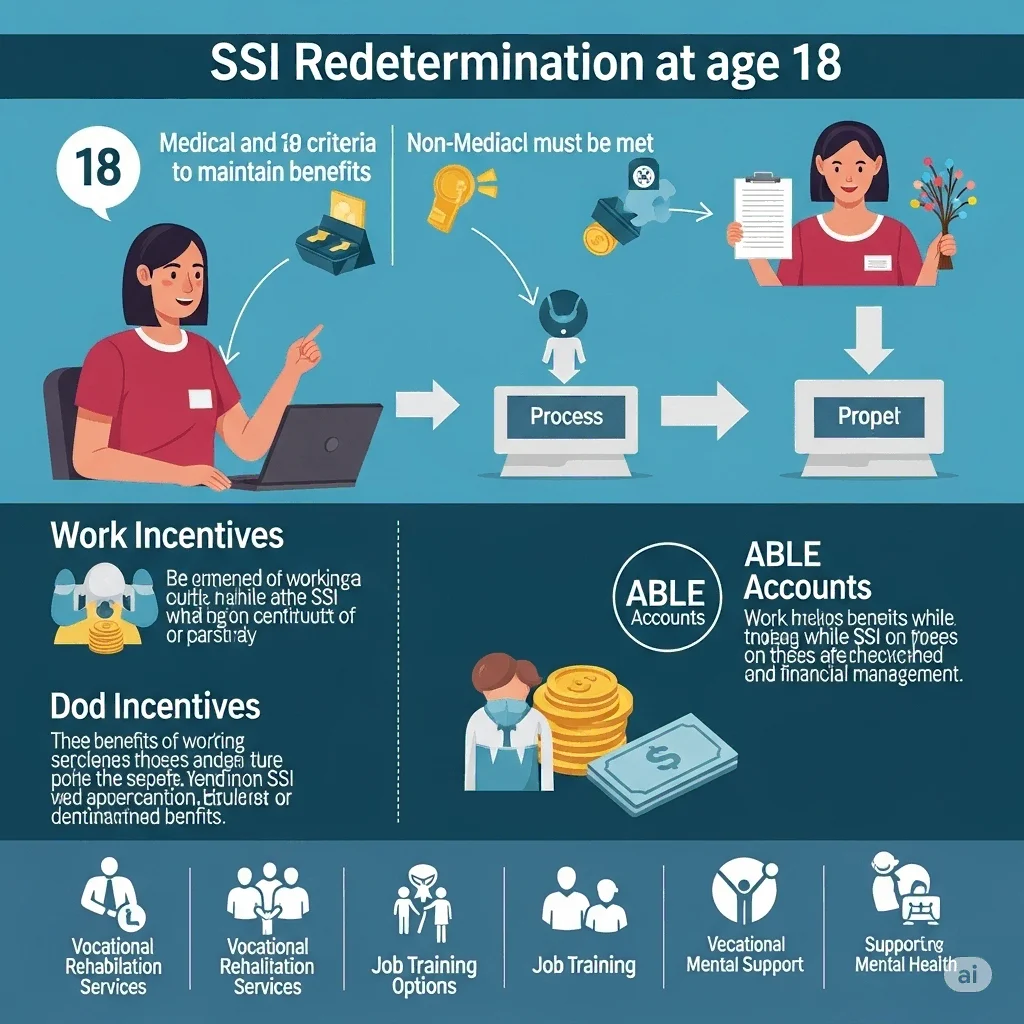 SSI Redetermination ở tuổi 18 – Hướng dẫn quyền lợi và cơ hội hỗ trợ cho người khuyết tật Hình ảnh trên minh họa quy trình xét duyệt lại quyền lợi SSI (Supplemental Security Income) khi người thụ hưởng đạt tuổi 18 – một bước ngoặt quan trọng trong hệ thống an sinh xã hội Hoa Kỳ.